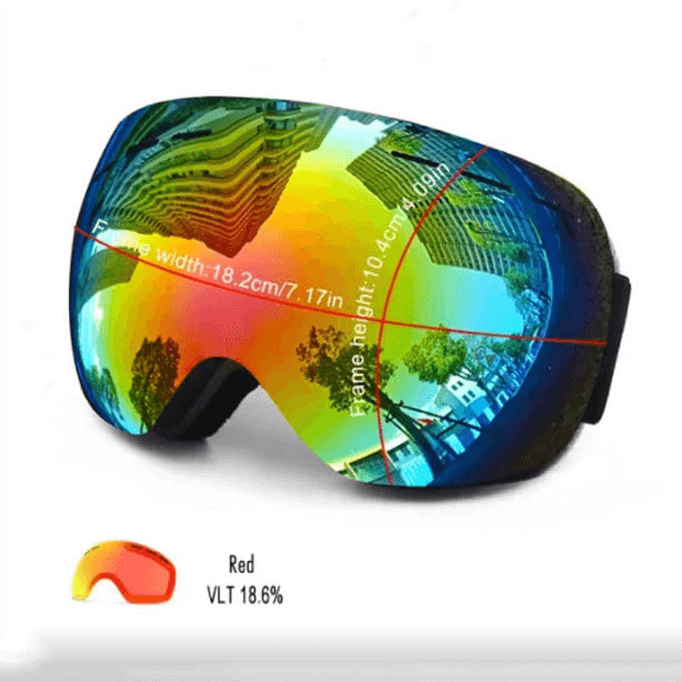 Sleek ski goggles with anti-fog and UV400 protection, vibrant reflective lens, red frame, adjustable strap, perfect for avid skiers.