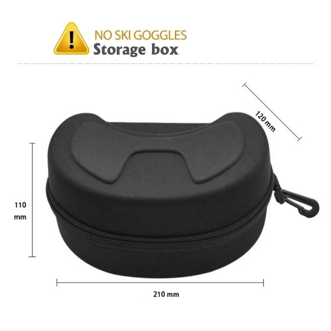 Black storage box for ski goggles with dimensions 210x120x110mm, featuring durable design and zipper closure.