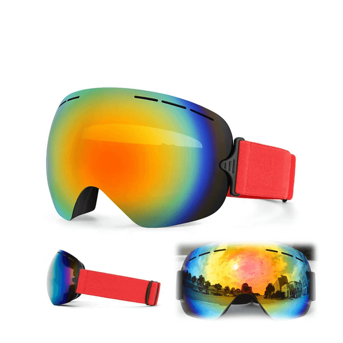 Sleek anti-fog ski goggles with UV400 lens and red adjustable strap for clear vision and eye protection on the slopes.