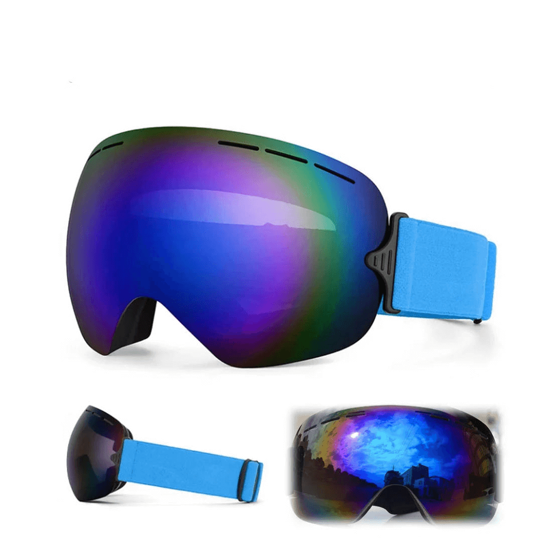 Sleek anti-fog ski goggles with UV400 protection and adjustable blue strap, perfect for snowboarding and skiing enthusiasts.