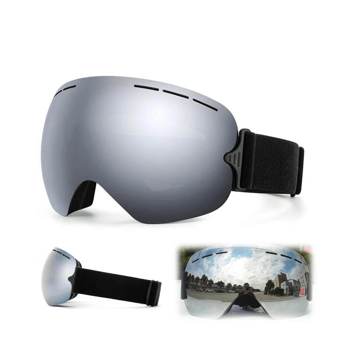 Sleek anti-fog ski goggles with UV400 protection, frameless design for clear vision, and adjustable strap for secure fit on slopes.