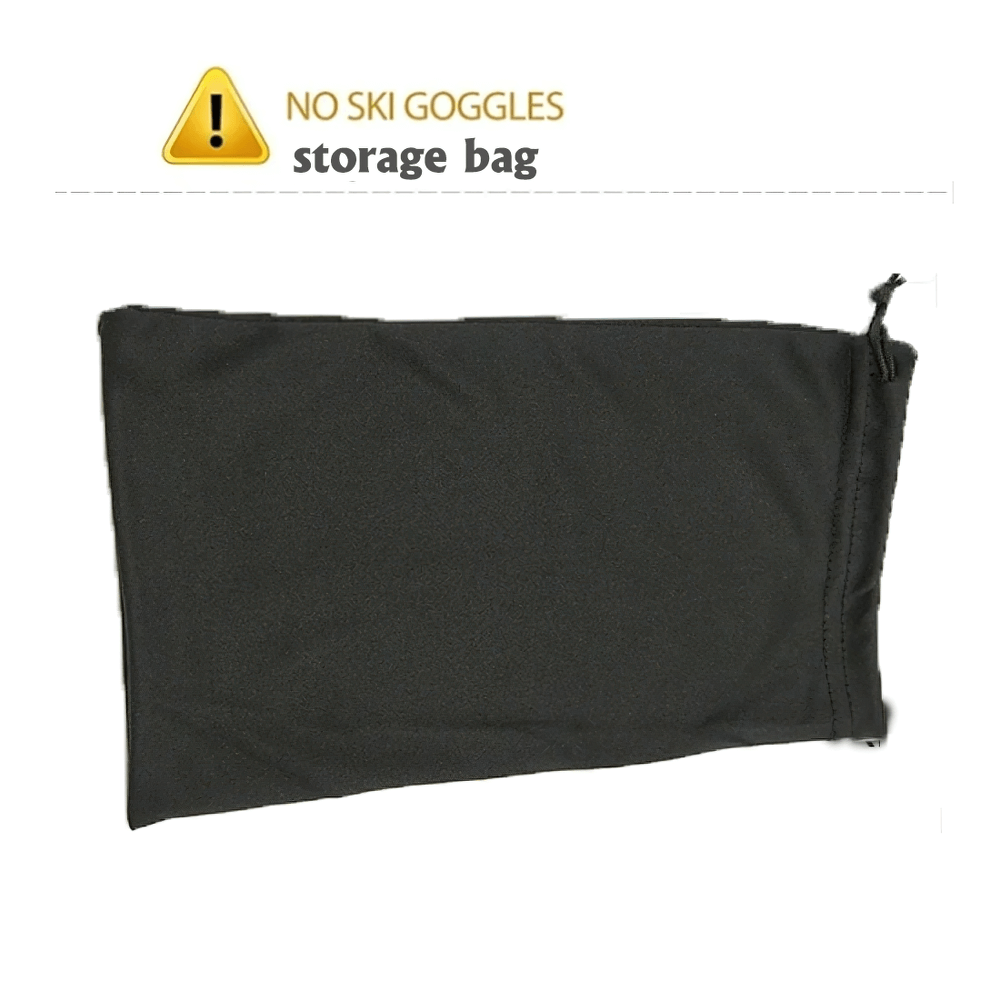 Black ski goggles storage bag with warning label for goggles not included.