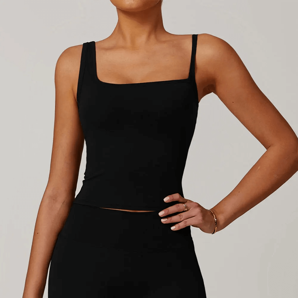 Sleek square-neck tank top with built-in support, ideal for workouts and casual wear, shown in stylish black.