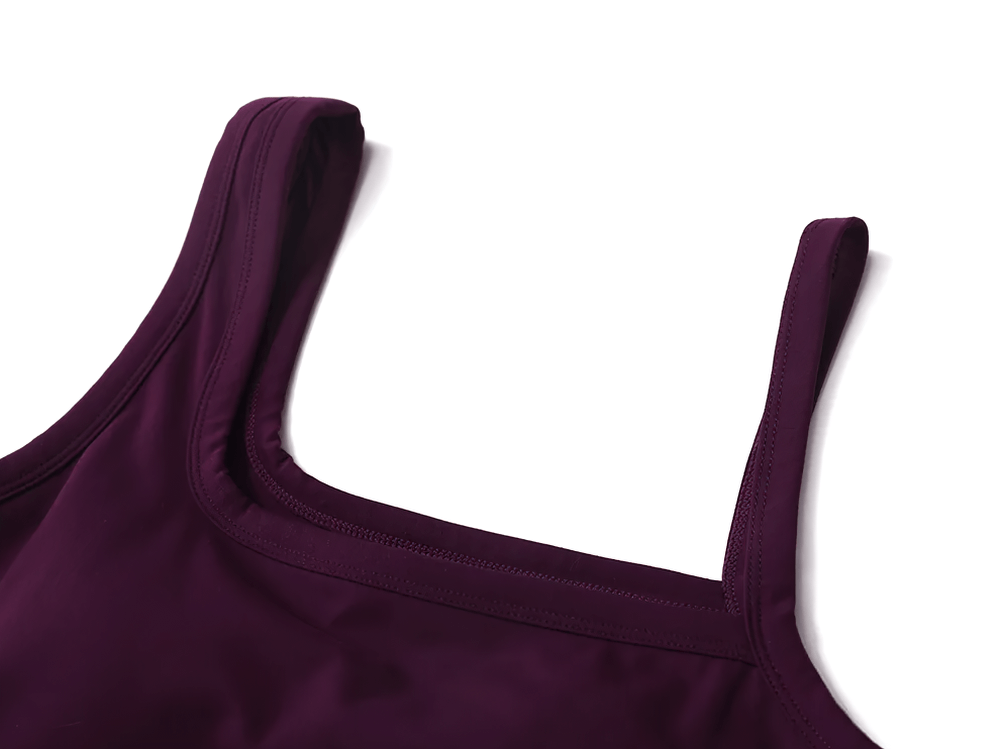 Deep purple square-neck tank top with built-in bra and minimalistic straps, perfect for workouts and casual wear.