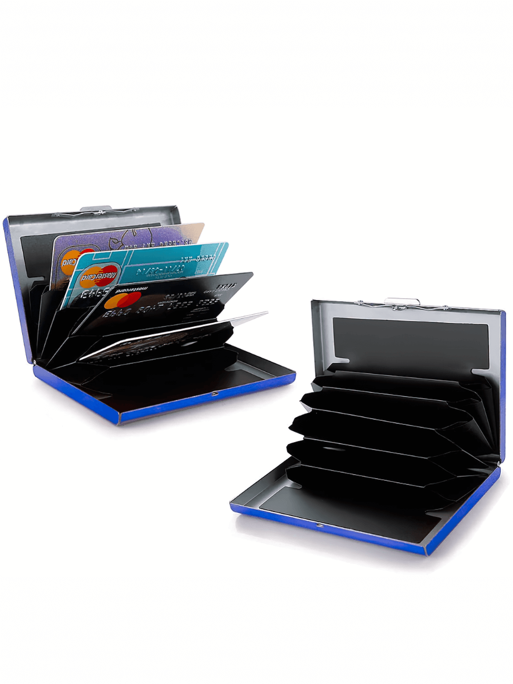 Stainless steel card holder with secure buckle, showing multiple card slots filled with cards, lightweight and sleek design.