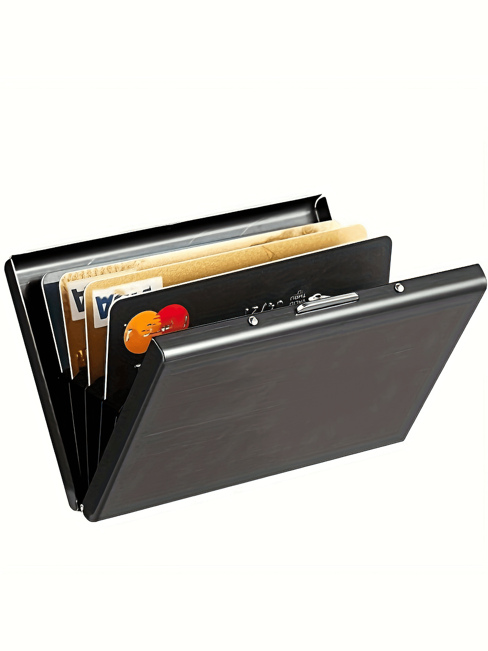 Sleek stainless steel card holder with secure buckle, showcasing organized credit cards, perfect for minimalist storage and protection.