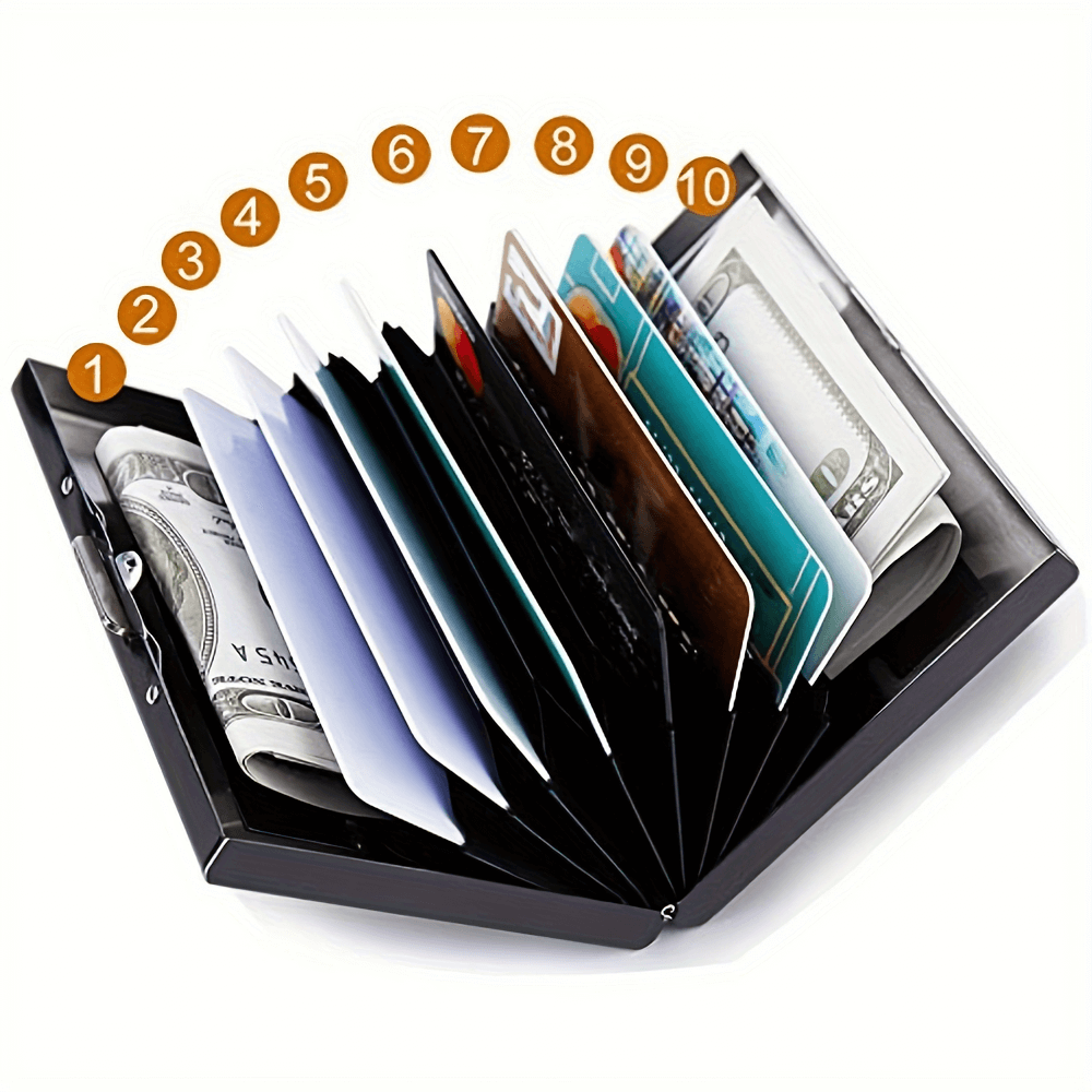 Sleek stainless steel card holder with secure buckle showcasing organized cards and cash inside.