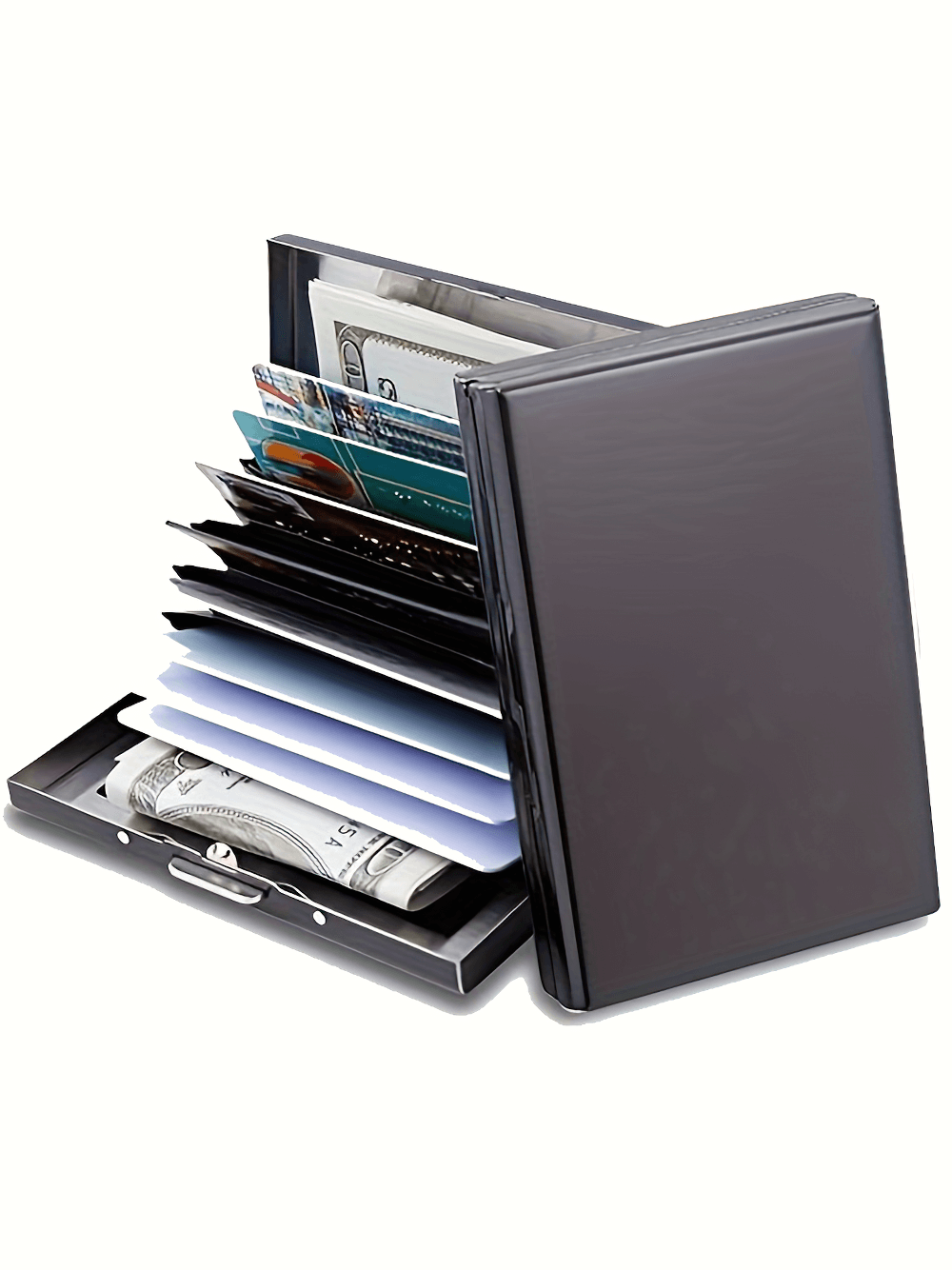 Sleek stainless steel card holder with secure buckle, lightweight design, perfect for organizing credit cards and cash.