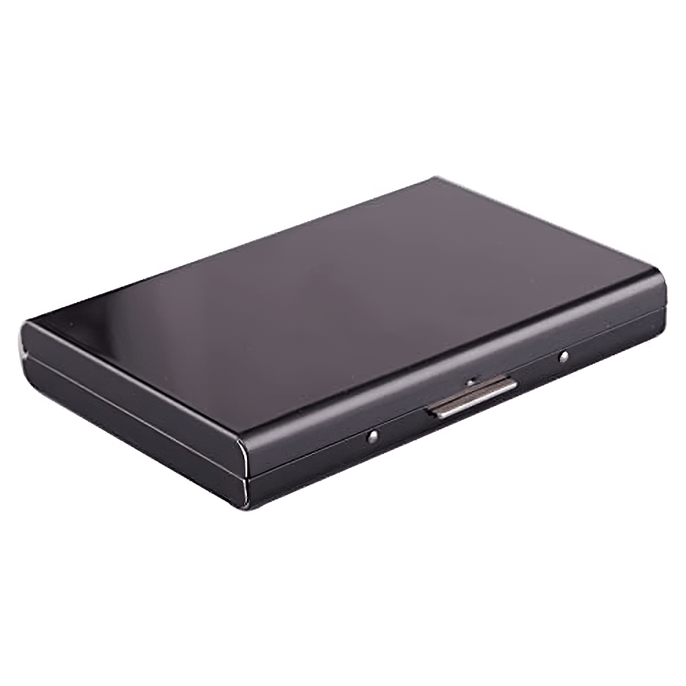 Sleek stainless steel card holder with secure buckle closure, lightweight and durable, perfect for organizing credit cards.