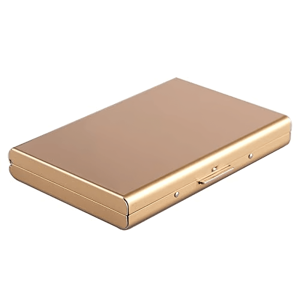 Gold stainless steel card holder with secure buckle closure, SF2677. Stylish and durable wallet for organizing credit cards.