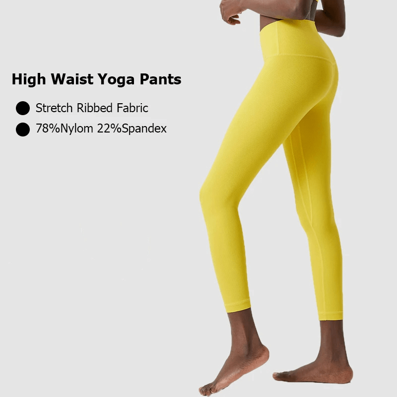 Yellow high waist yoga pants made from stretch ribbed fabric, featuring 78% nylon and 22% spandex, highlighted on a model's silhouette.