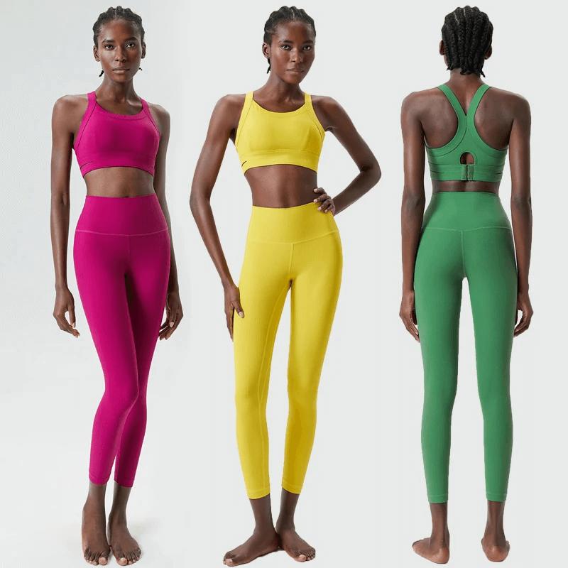 Women wearing colorful SF2088 stretch fitness yoga sets showcasing flexibility and style for high-impact gym sessions.