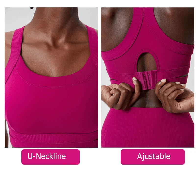 Woman modeling sleek yoga set with U-neckline in vibrant pink, showing adjustable back with hook closure for custom fit.