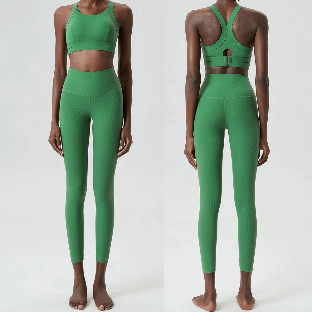 Women's sleek stretch green yoga set SF2088, front and back view. High impact, quick-dry, durable and super stretchy for fitness.
