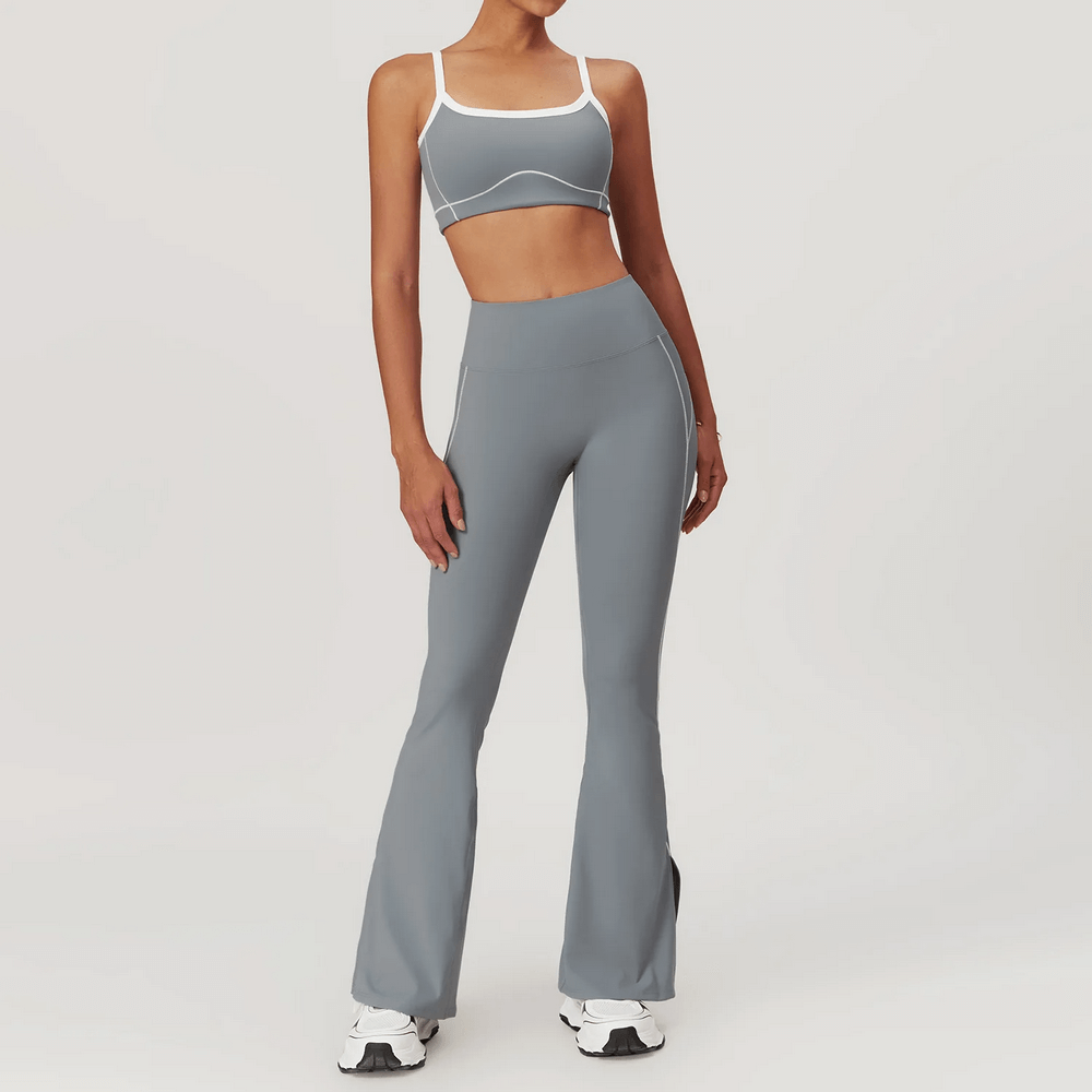 Women's sleek yoga flare pants and top set for fitness in gray, anti-pilling, quick-dry fabric, ideal for yoga and workouts.