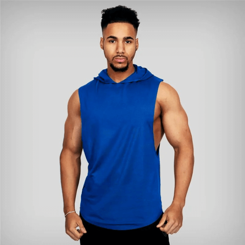 Man wearing a blue sleeveless hooded gym tank top with O-neck collar, showcasing flexible and breathable fitness wear.