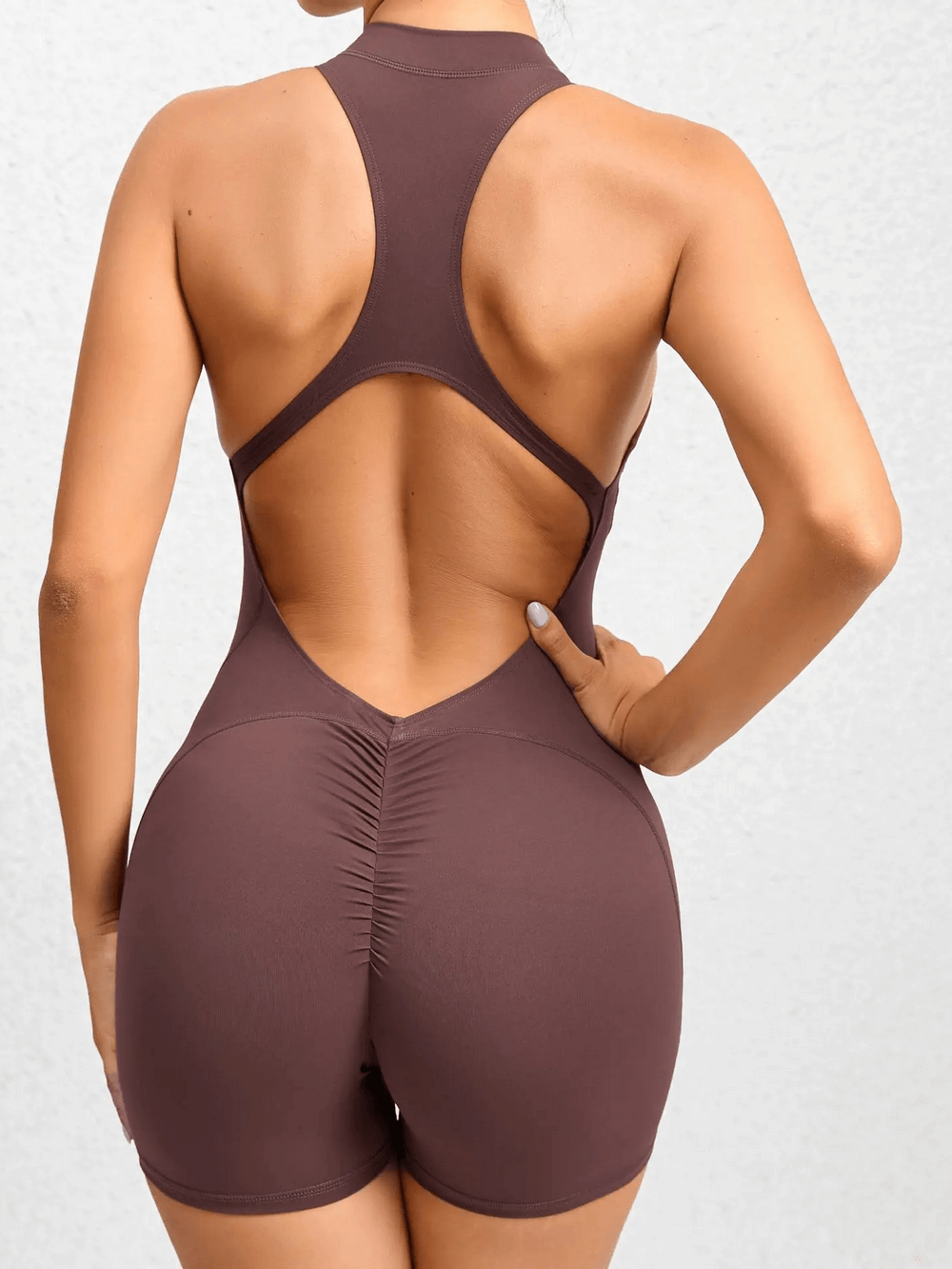 Alt Tag: Sleeveless Short Gym Jumpsuit for Women - SF4305 racerback open-back yoga romper workout bodysuit, back view sculpted fit