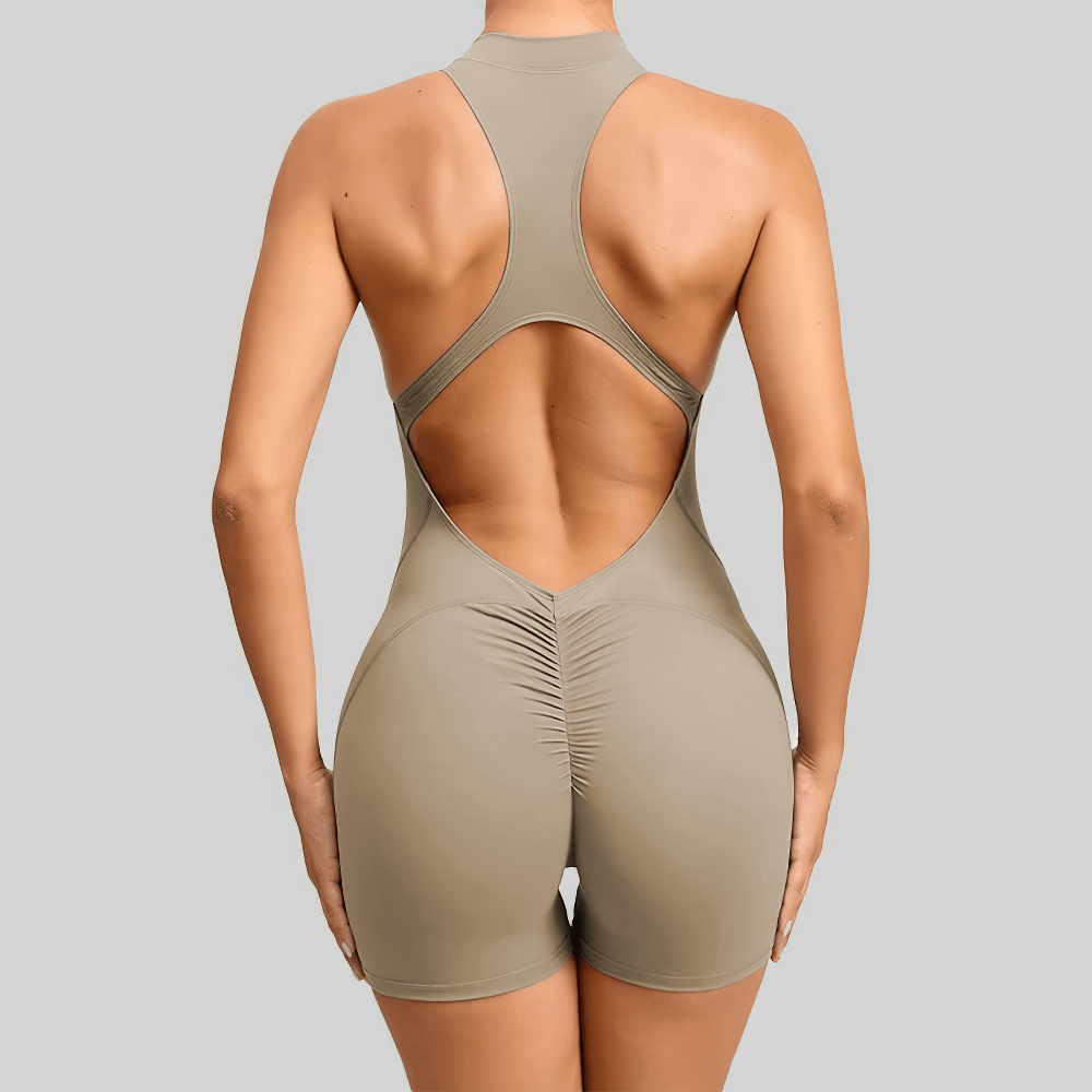 Alt Tag: Sleeveless Short Gym Jumpsuit for Women - SF4305 back view racerback open-back yoga romper sculpting fit