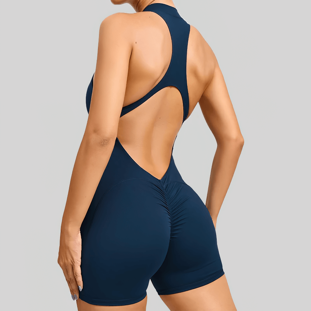 Alt Tag: Sleeveless Short Gym Jumpsuit for Women - SF4305 navy racerback yoga romper with open back, sculpted fit workout bodysuit