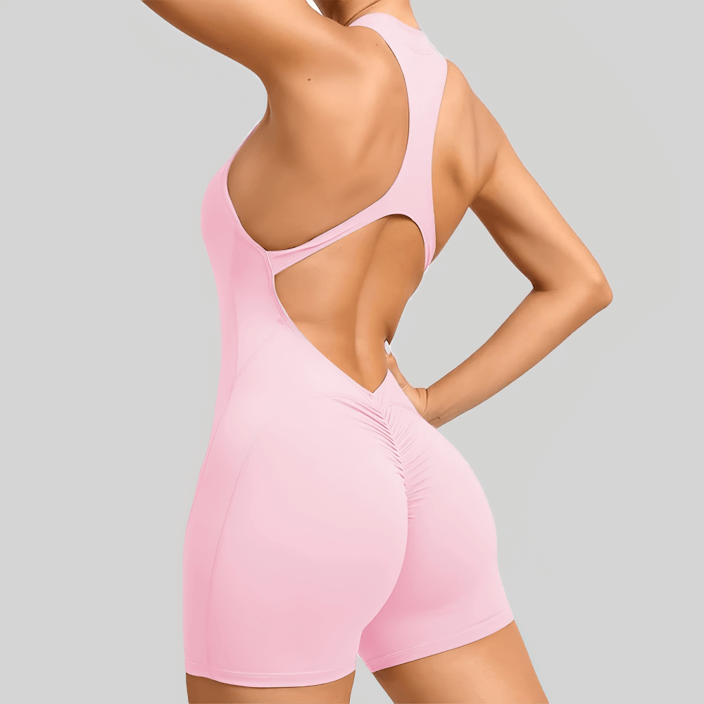 Alt Tag: Sleeveless Short Gym Jumpsuit for Women - SF4305 pink racerback yoga romper with open back, sculpted fit workout bodysuit