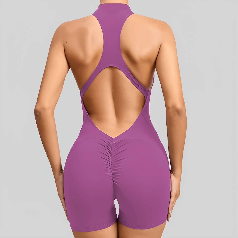 Alt Tag: Sleeveless Short Gym Jumpsuit for Women - SF4305 purple racerback open-back yoga romper, rear view sculpted fit