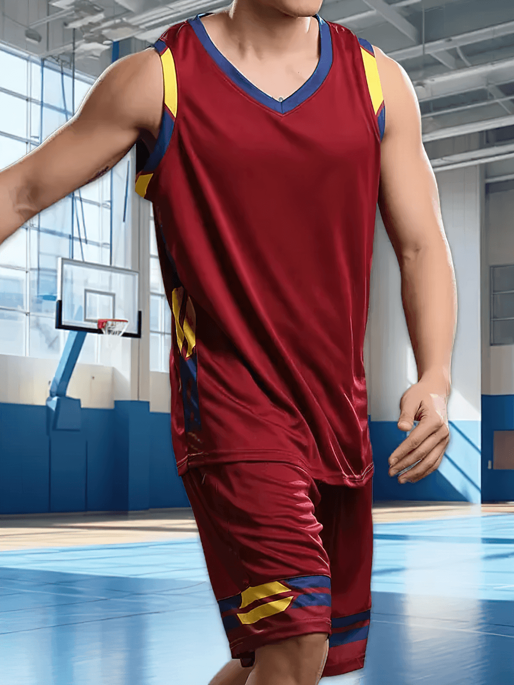 Sleeveless V-Neck Sports Tank and Shorts Suit - SF4569 on a model in a basketball court setting.
