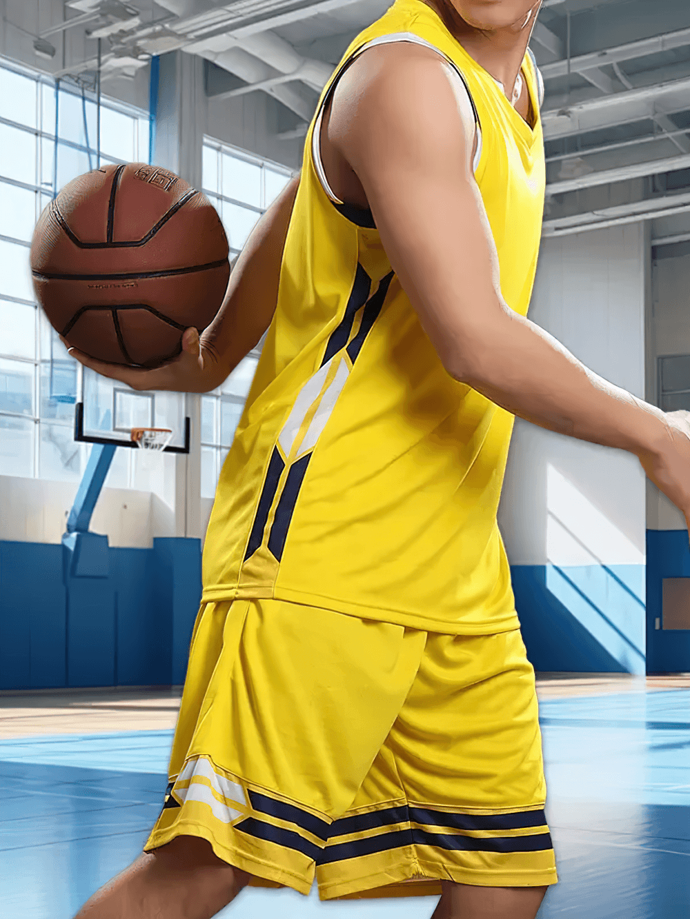 Sleeveless V-Neck Sports Tank and Shorts Suit - SF4569 for basketball training, featuring a vibrant yellow design.