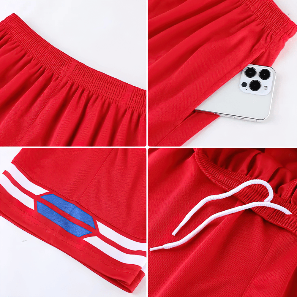 Sleeveless V-Neck Sports Tank and Shorts Suit - SF4569 with red shorts featuring elastic waistband and pockets.