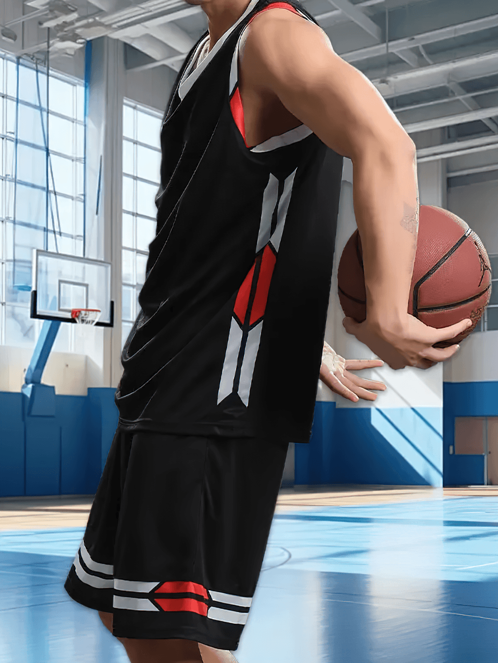 Sleeveless V-Neck Sports Tank and Shorts Suit - SF4569 worn by a player in a basketball court, showcasing athletic style.