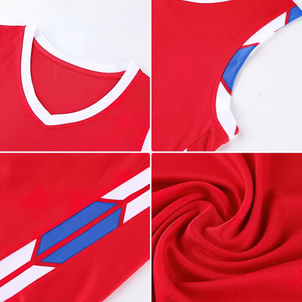 Sleeveless V-Neck Sports Tank and Shorts Suit - SF4569 close-up of red jersey details and fabric texture.
