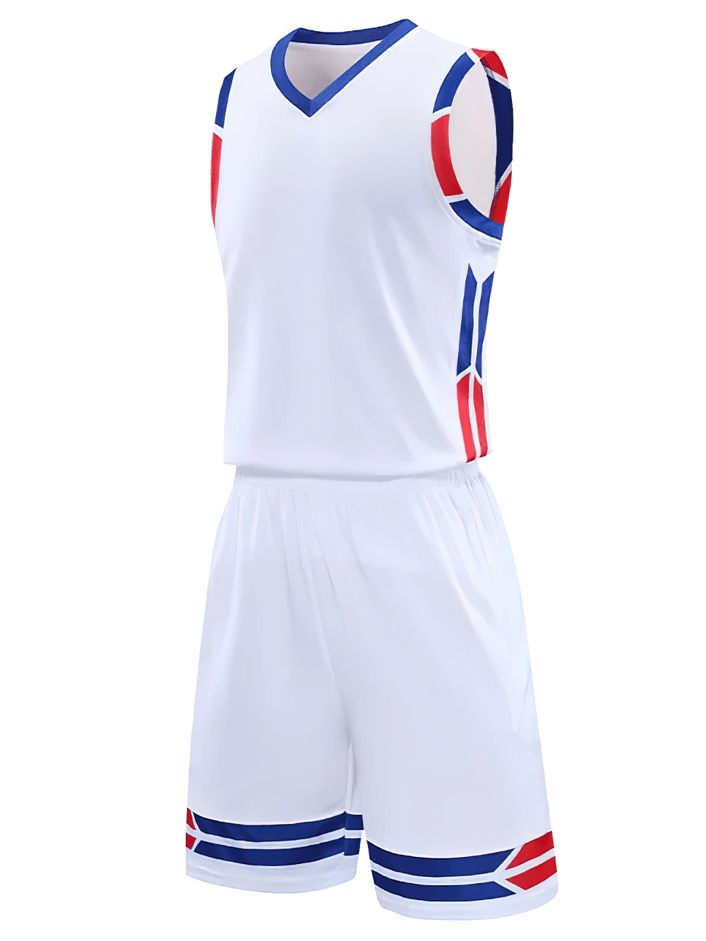 Sleeveless V-Neck Sports Tank and Shorts Suit - SF4569 in white with red and blue accents for men's basketball training.