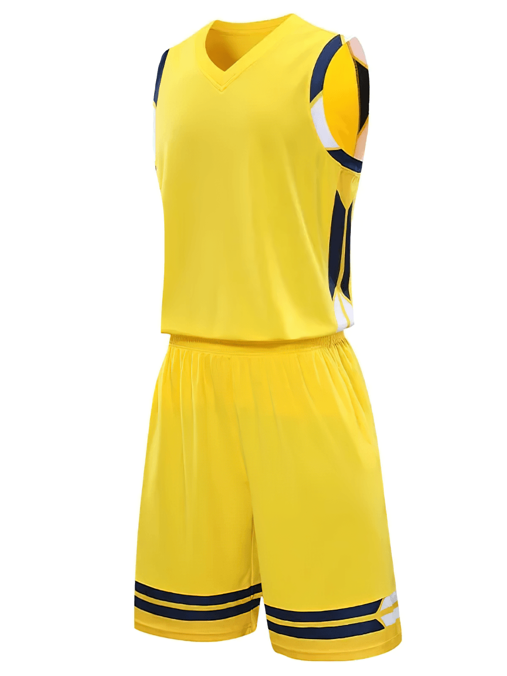 Sleeveless V-Neck Sports Tank and Shorts Suit - SF4569 in bright yellow, perfect for basketball training and games.