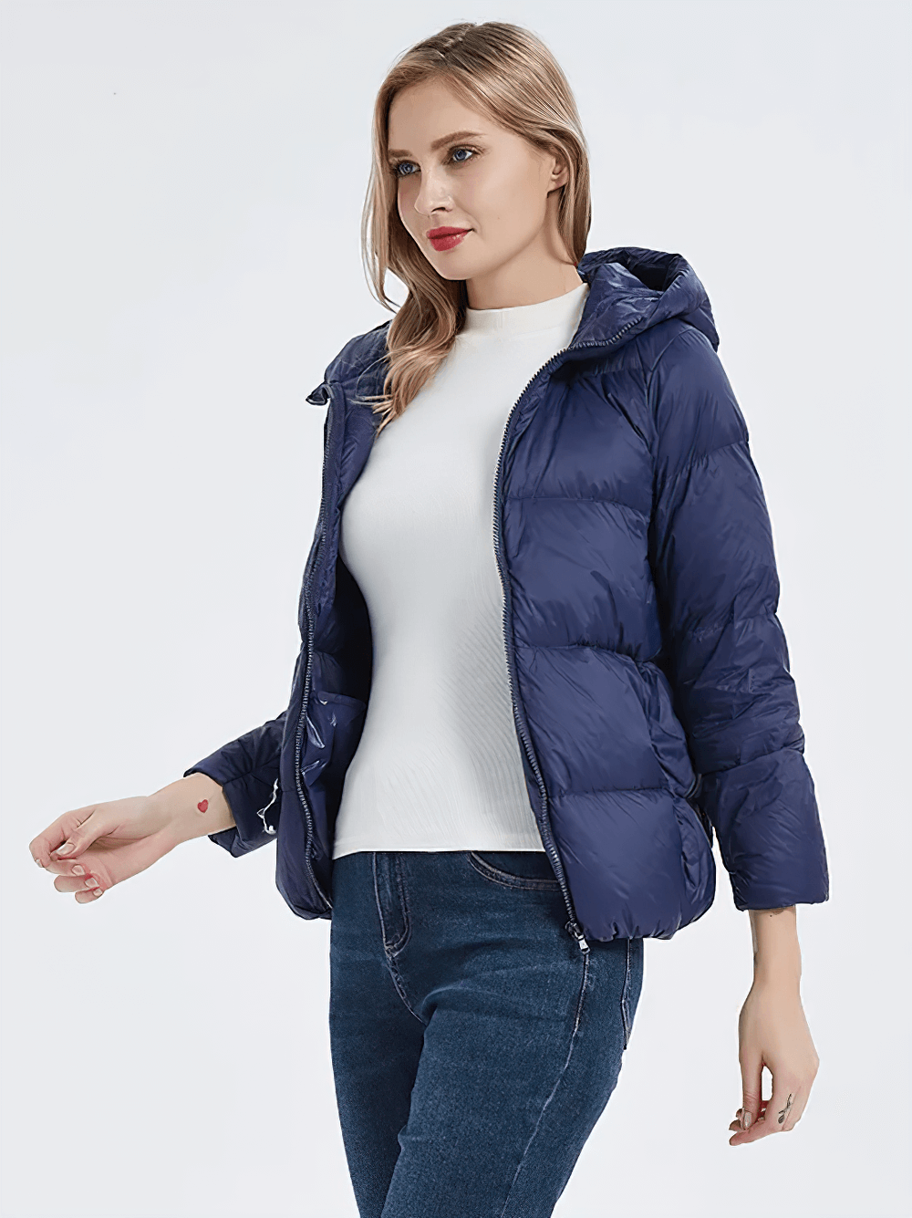 Model wearing Slim Fit Duck Down Jacket with Pockets and Hood, SF2305. Perfect for chilly days, polyester broadcloth, filled with white duck down.