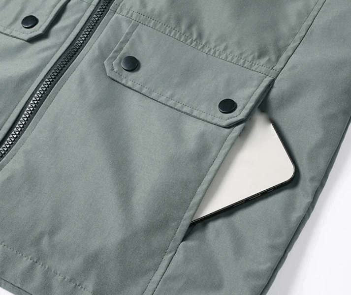 Close-up of Slim Men's Sporty Jacket SF1969 featuring big pockets and zipper on polyester fabric.