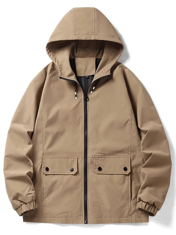 Khaki slim men's sporty jacket with hood, big pockets, and zipper closure