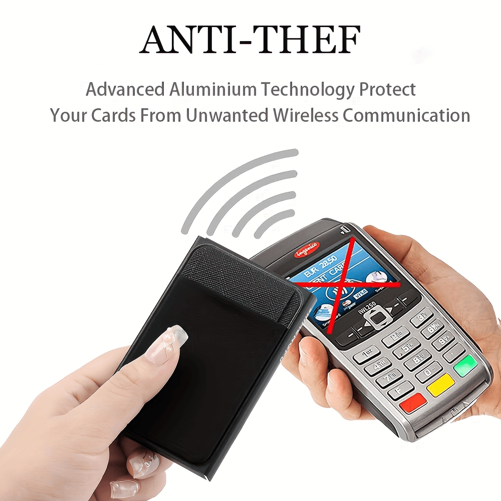 Anti-theft RFID-blocking aluminum card holder wallet demonstrating protection against wireless communication at payment terminal.