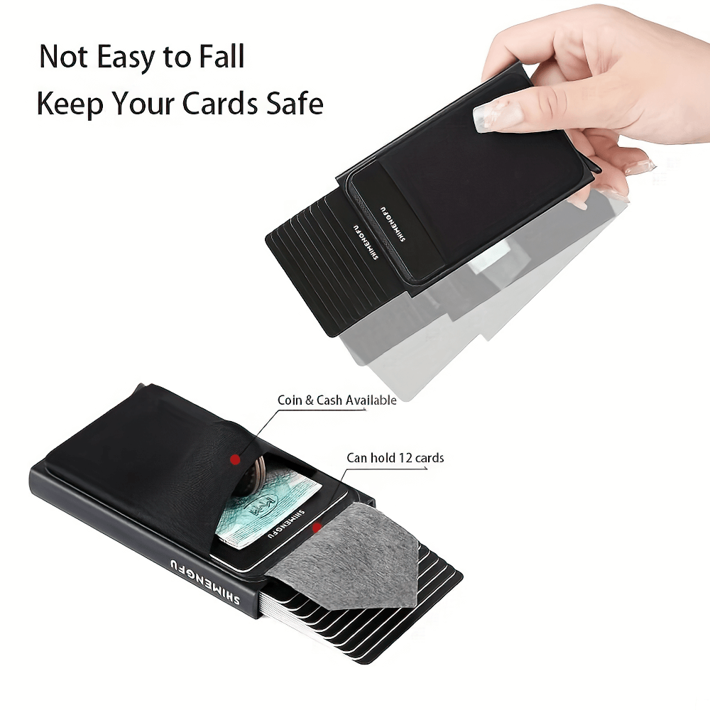 Slim RFID-blocking aluminum card holder wallet with elastic back, showcasing storage for 12 cards and cash, emphasizing security features.