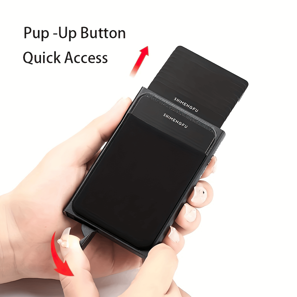 Hands holding slim RFID-blocking aluminum card holder wallet with pop-up button for quick access.