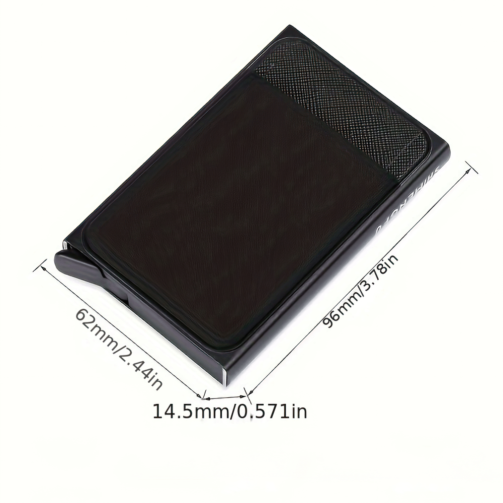 Slim RFID-Blocking Aluminum Card Holder Wallet - SF2679 with dimensions and elastic back for extra storage, ideal for anti-theft security.