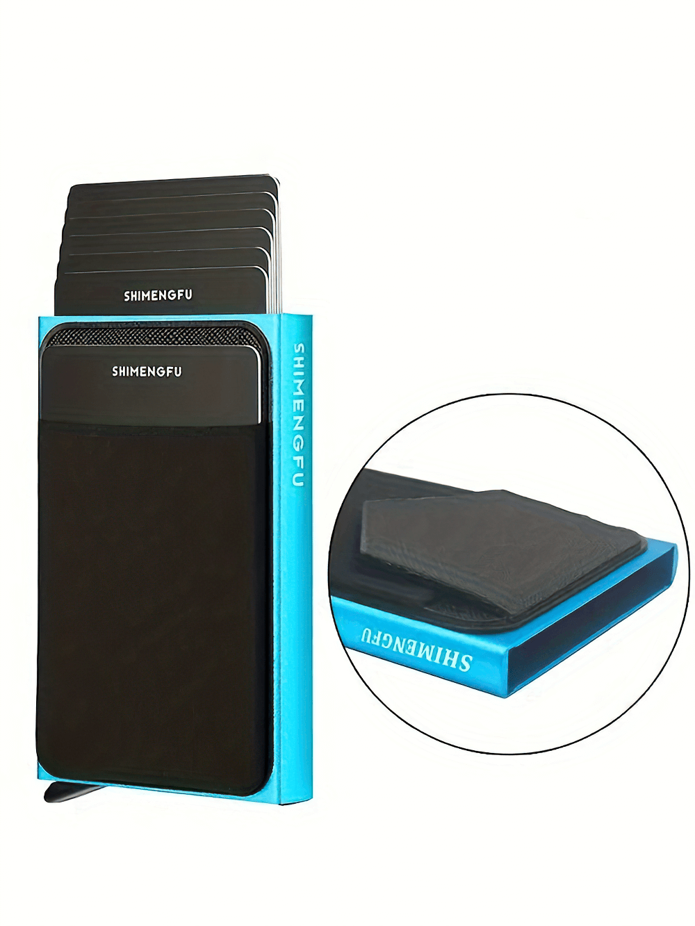 Slim RFID-Blocking Aluminum Card Holder Wallet in blue with card storage, showcasing minimalist style and anti-theft design features.