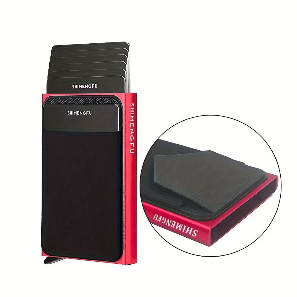 Slim RFID-blocking aluminum card holder wallet with elastic storage, featuring minimalist design and anti-theft technology.