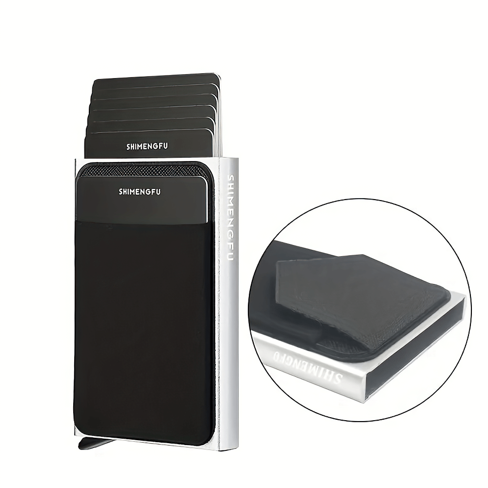 Slim RFID-blocking aluminum card holder wallet with elastic back for extra storage, featuring durable black and silver minimalist design.