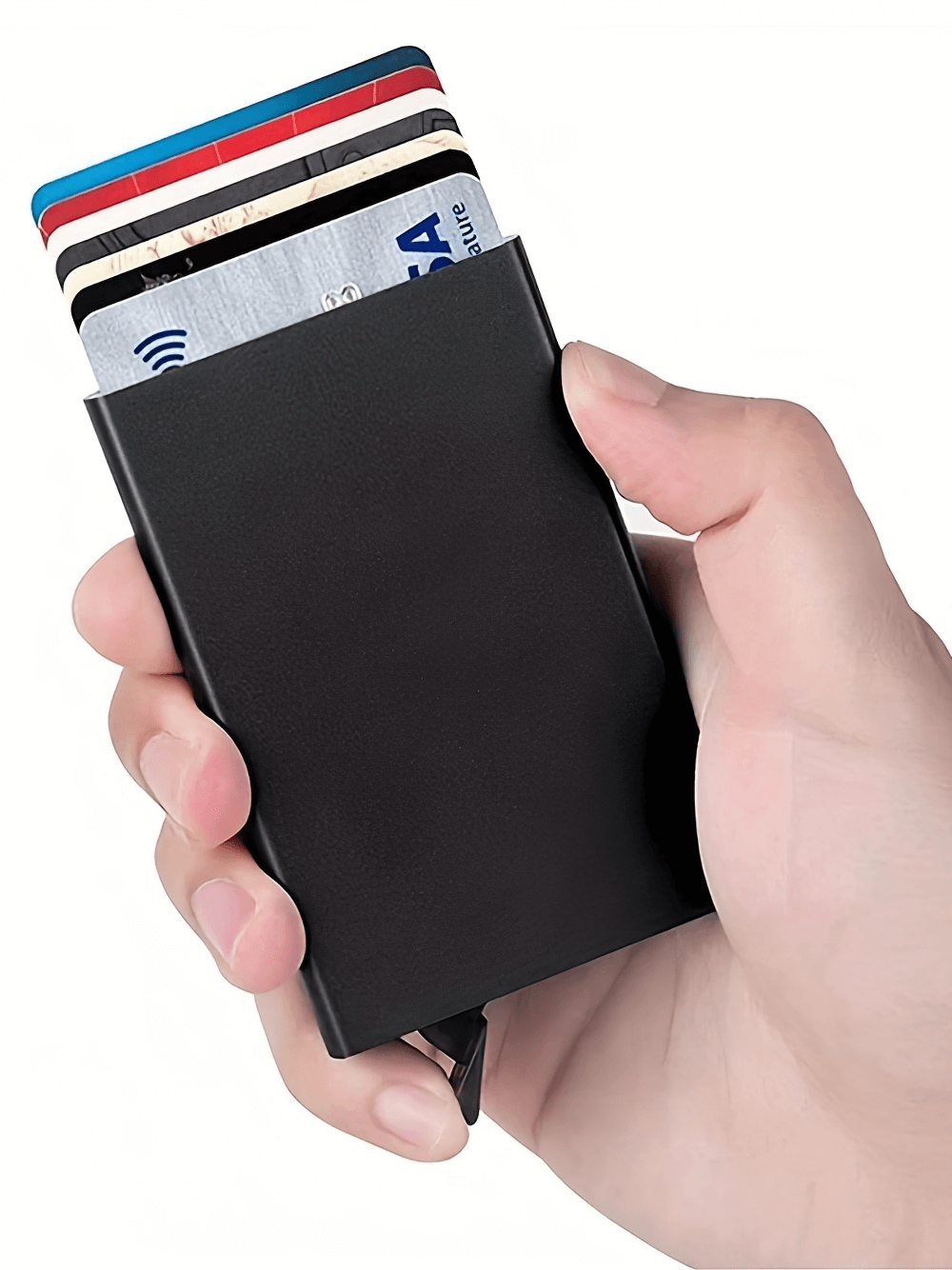 Hand holding sleek aluminum RFID-blocking cardholder with credit cards, showcasing compact and stylish design for secure storage.