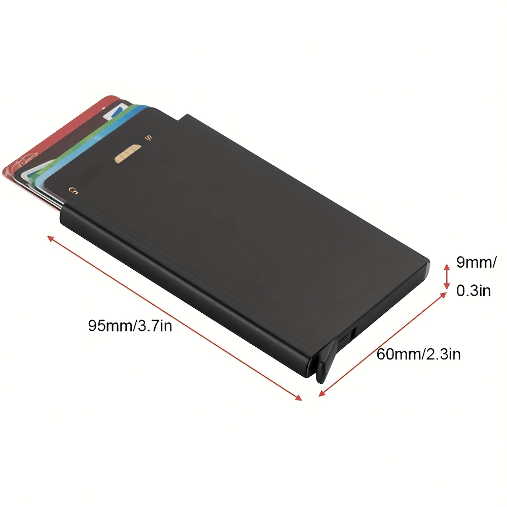 Slim RFID Blocking Aluminum Credit Card Holder - SF2674 with dimensions, protecting cards from unauthorized scans in a sleek design.