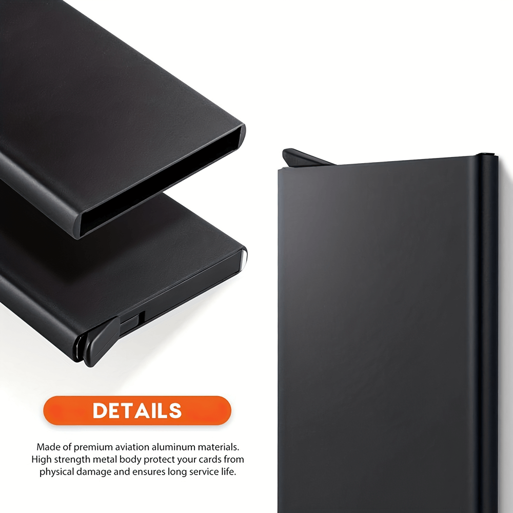 Slim RFID Blocking Metal Credit Card Holder Case in black aluminum with detail view, perfect for secure and stylish card storage.