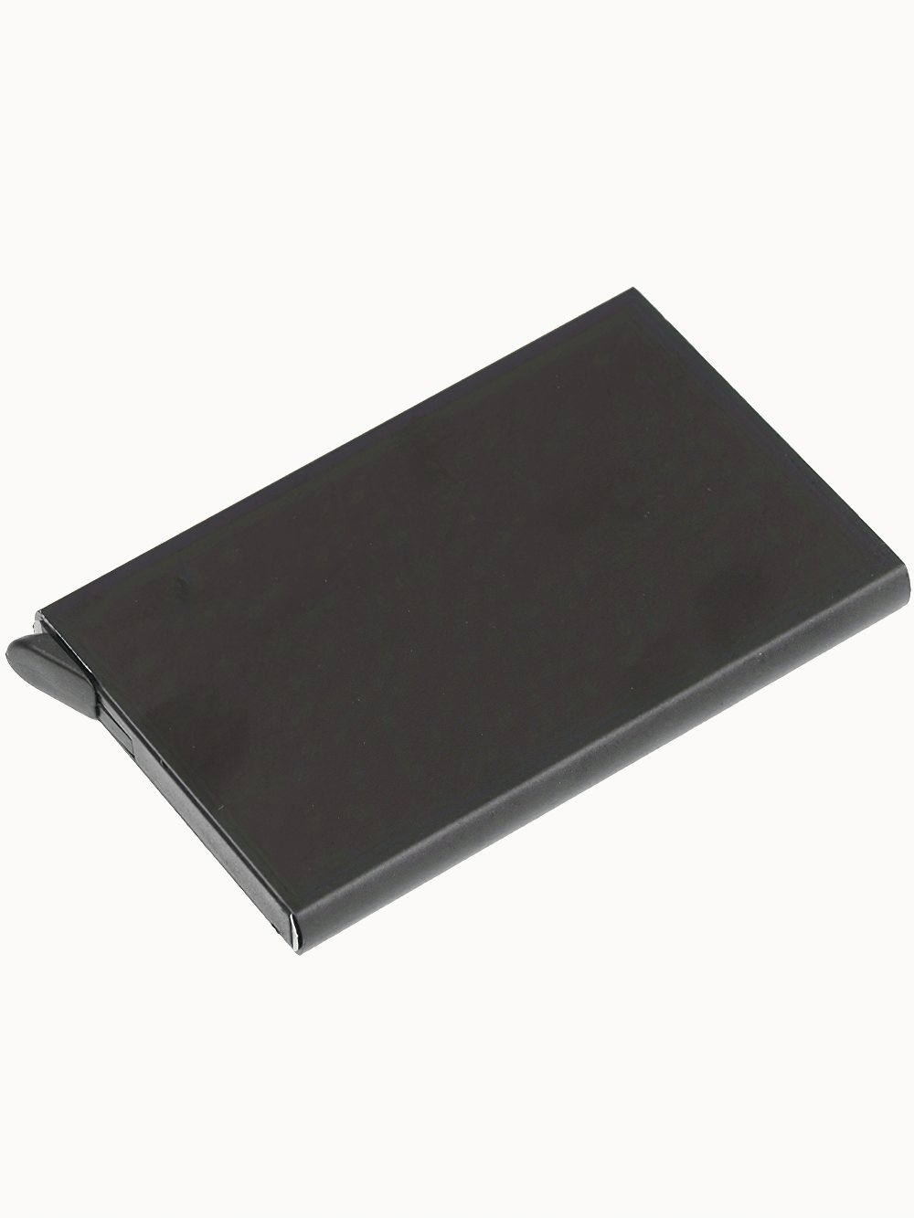 Sleek black RFID-blocking aluminum credit card holder, model SF2674. Lightweight, secure, and ideal for minimalist travel.