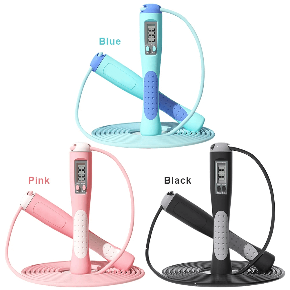 Smart Calorie Count Jump Rope SF3196 in blue, pink, and black with LCD display, adjustable length, and non-slip handles for fitness training.