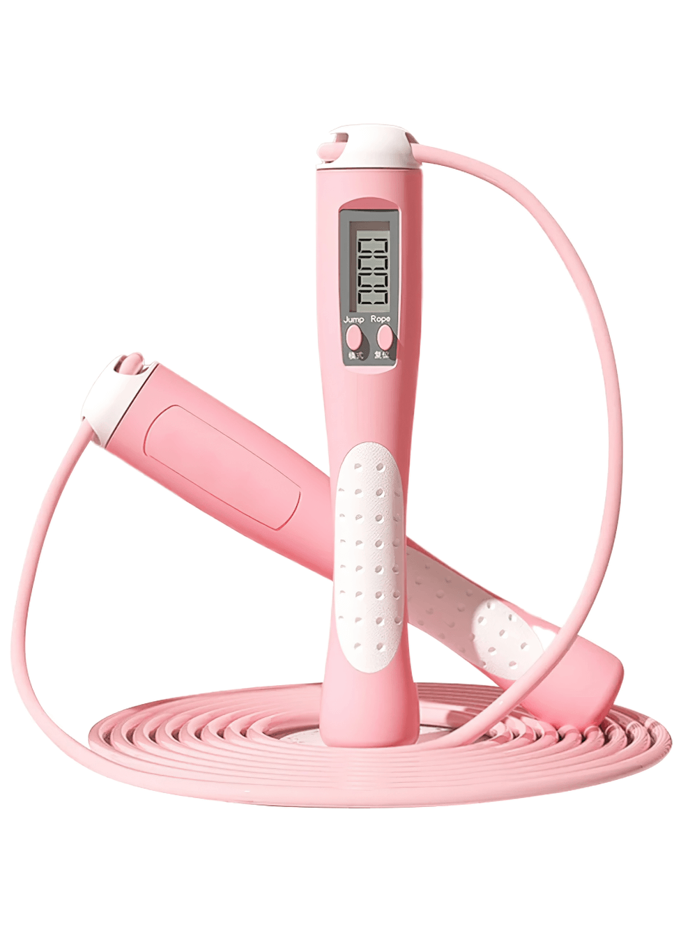 Pink smart jump rope SF3196 with LCD display, non-slip handles, adjustable length; perfect for cardio, calorie counting, fitness.