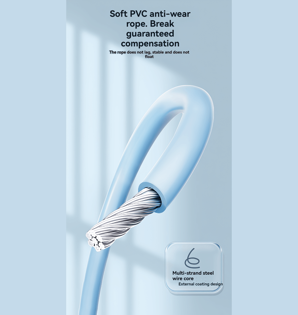 Close-up of soft blue PVC jump rope with multi-strand steel wire core, showcasing durability and anti-wear properties.