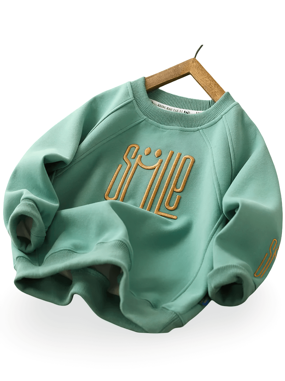 Mint green SMILE graphic sweatshirt for kids, soft fabric with elastic cuffs, trendy and cozy fashion for children, SF3105.